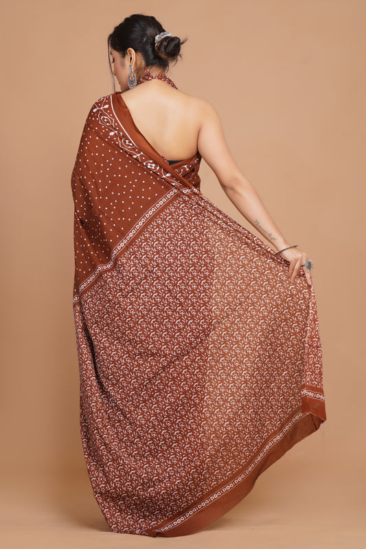 Bagru Print Mulmul Cotton Saree – Floral Buti Print (Copy)