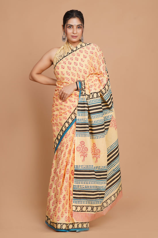 Bagru Print Mulmul Cotton Saree – Floral Buti Print