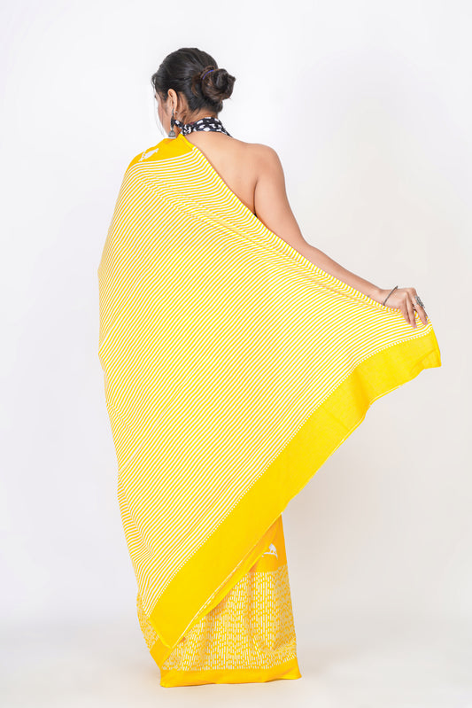 Bagru Print Mulmul Cotton Saree – Bird Motif Print