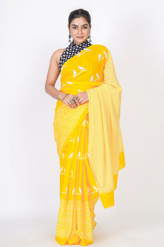 Bagru Print Mulmul Cotton Saree – Bird Motif Print