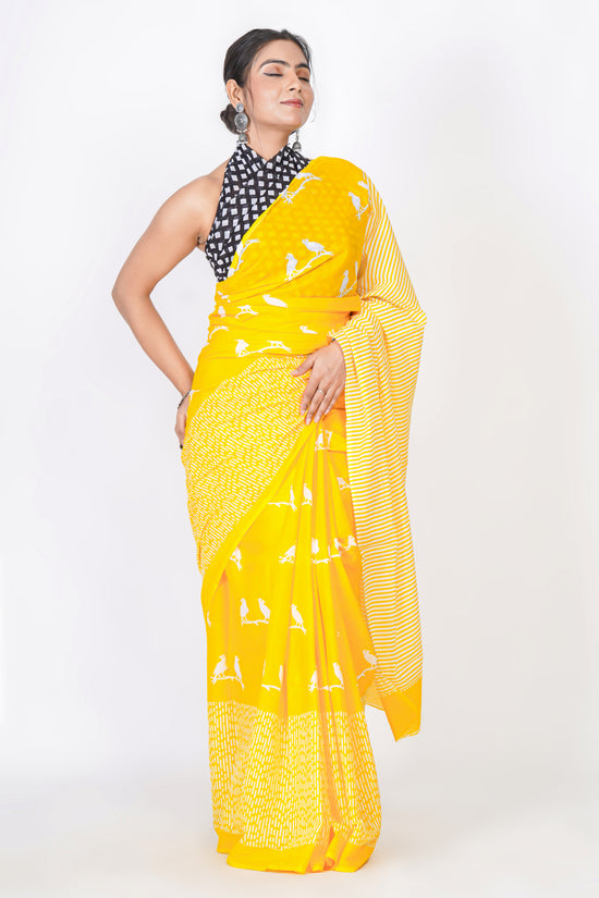 Bagru Print Mulmul Cotton Saree – Bird Motif Print