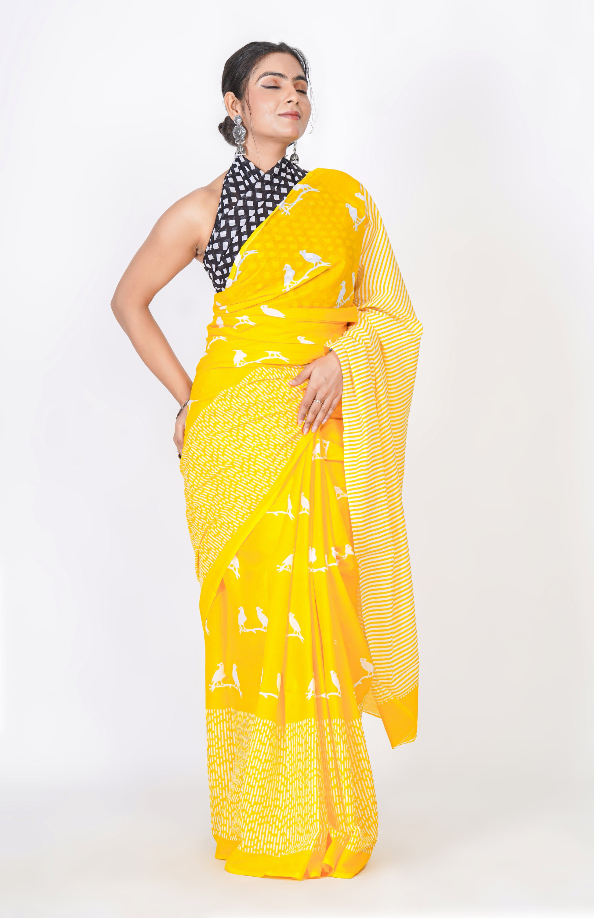 Bagru Print Mulmul Cotton Saree – Bird Motif Print