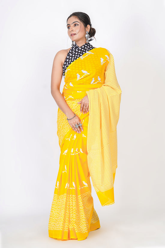 Bagru Print Mulmul Cotton Saree – Bird Motif Print