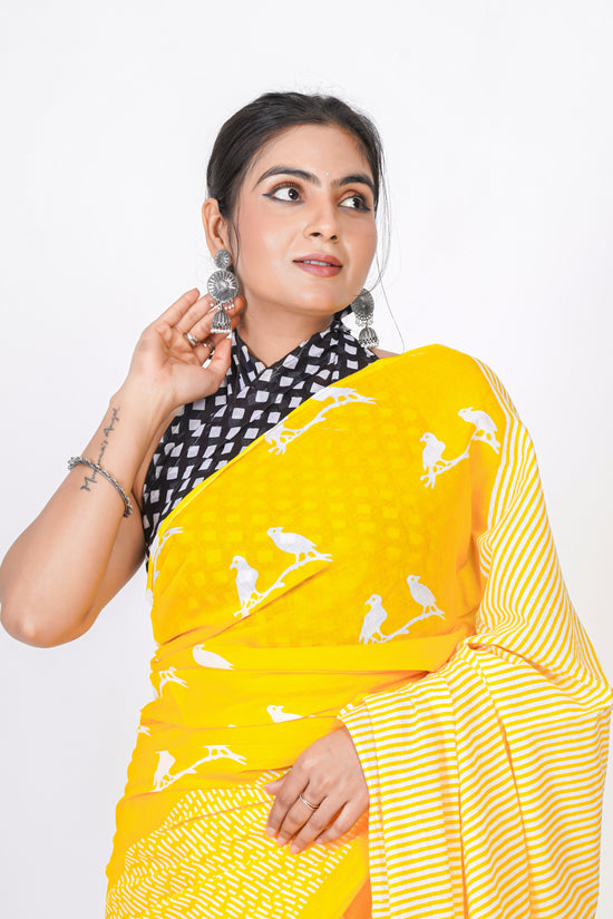Bagru Print Mulmul Cotton Saree – Bird Motif Print