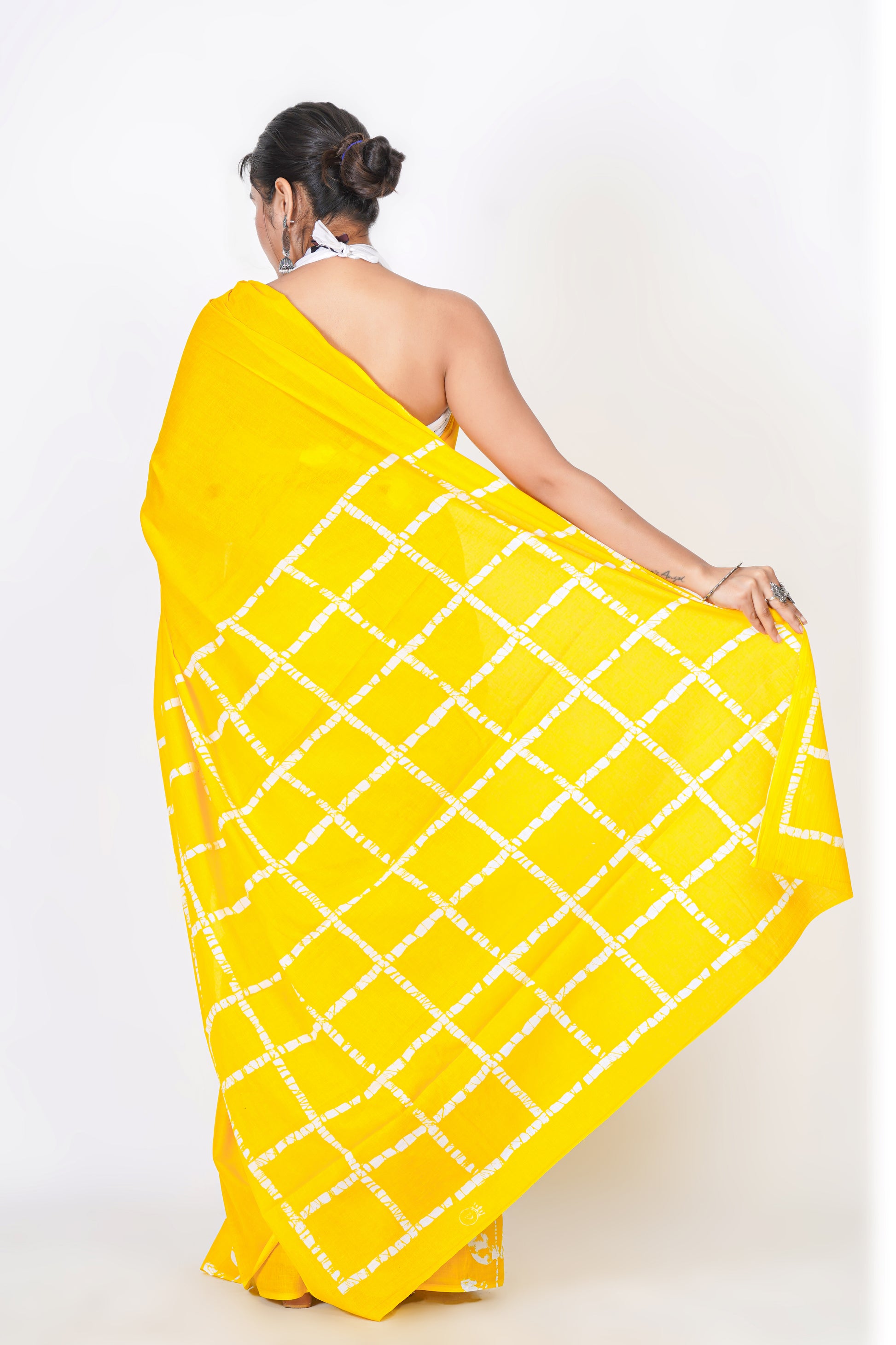 Bagru Print Mulmul Cotton Saree – Diamond Check Print