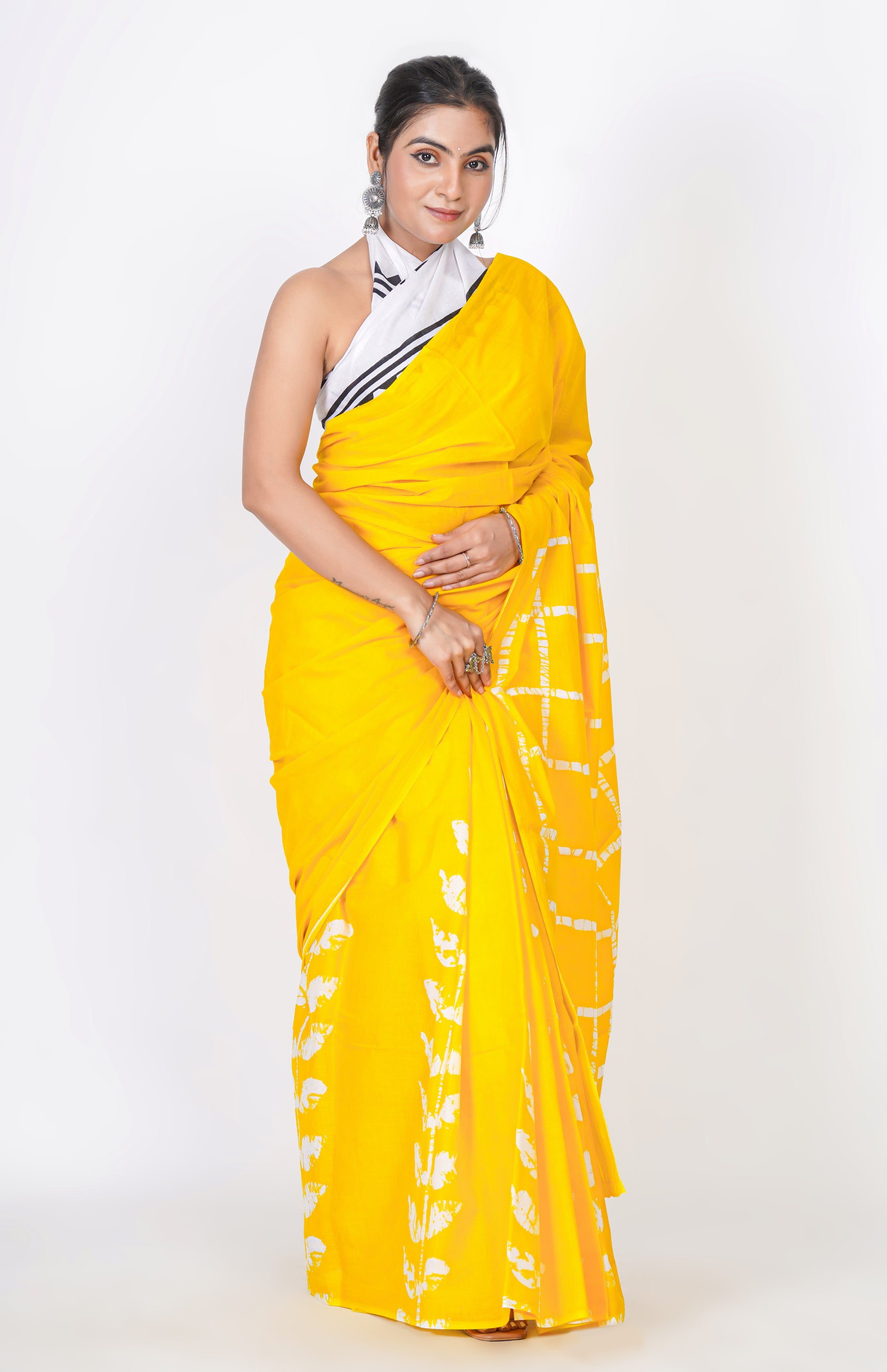 Bagru Print Mulmul Cotton Saree – Diamond Check Print