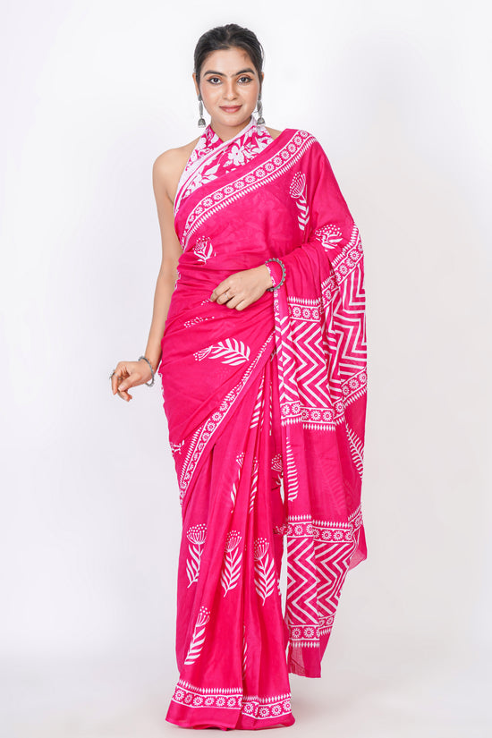 Bagru Print Mulmul Cotton Saree – Floral Buti Print