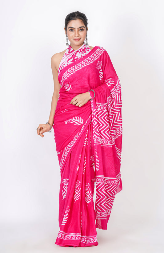 Bagru Print Mulmul Cotton Saree – Floral Buti Print