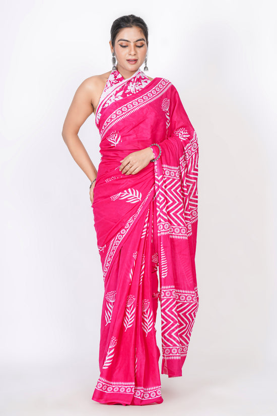 Bagru Print Mulmul Cotton Saree – Floral Buti Print
