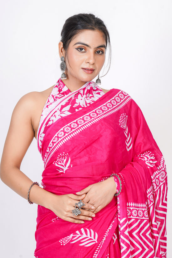 Bagru Print Mulmul Cotton Saree – Floral Buti Print