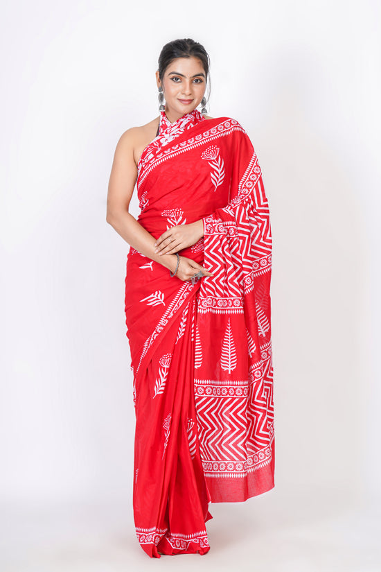 Bagru Print Mulmul Cotton Saree – Floral Buti Print