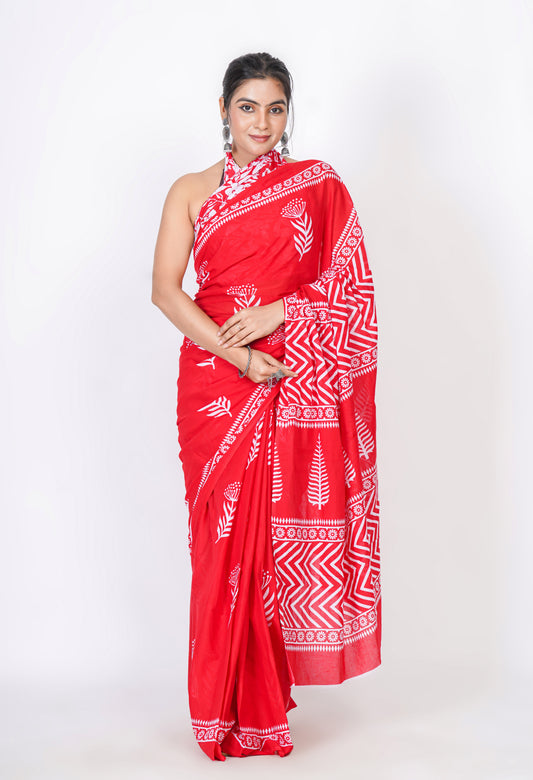 Bagru Print Mulmul Cotton Saree – Floral Buti Print
