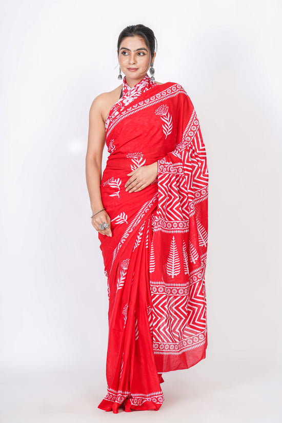 Bagru Print Mulmul Cotton Saree – Floral Buti Print