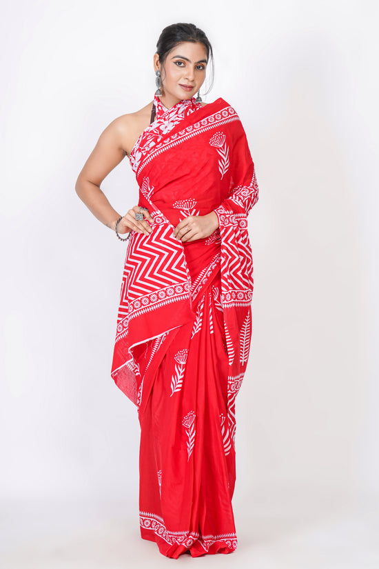 Bagru Print Mulmul Cotton Saree – Floral Buti Print