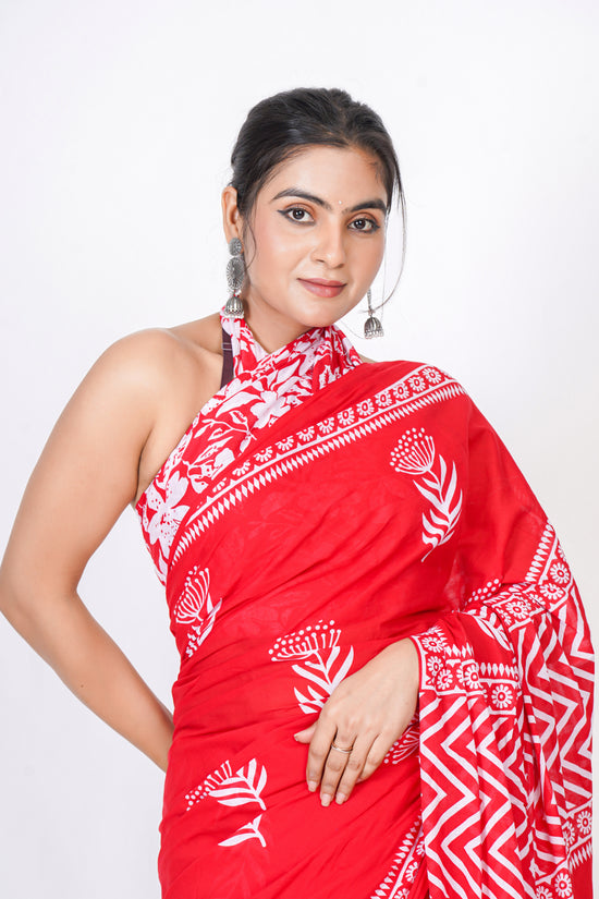 Bagru Print Mulmul Cotton Saree – Floral Buti Print
