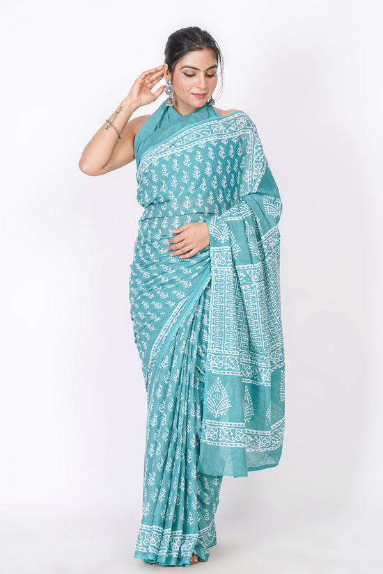 Bagru Print Mulmul Cotton Saree – Floral Buti Print