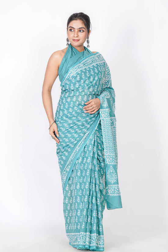 Bagru Print Mulmul Cotton Saree – Floral Buti Print