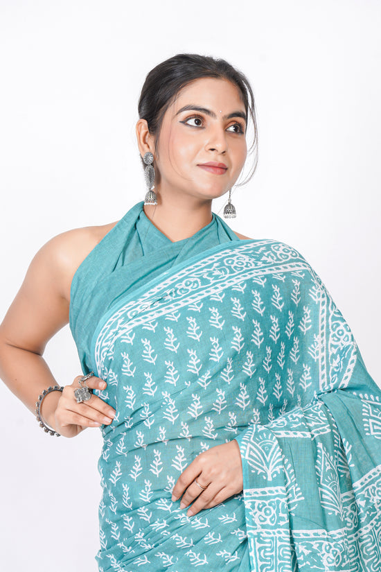 Bagru Print Mulmul Cotton Saree – Floral Buti Print