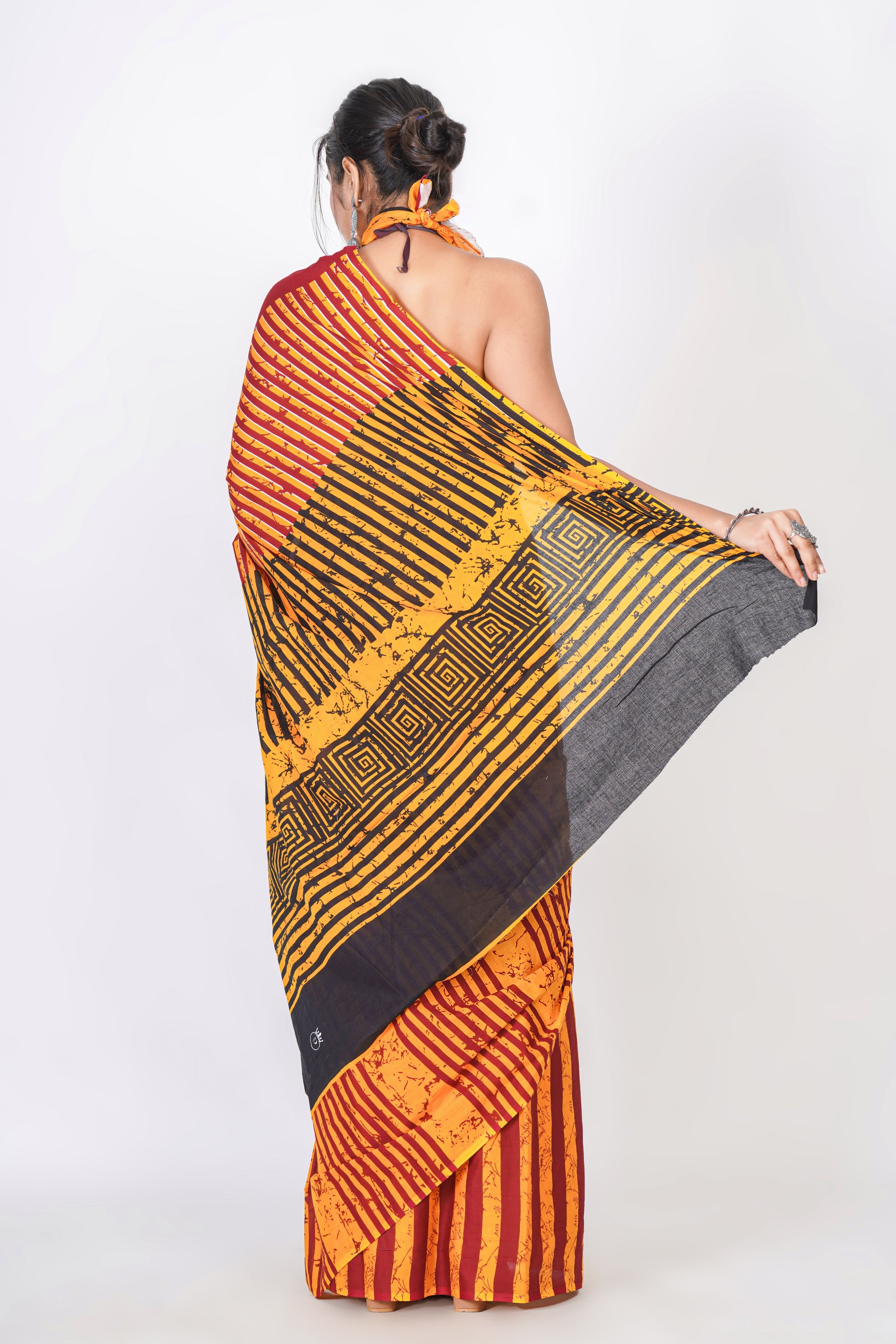 Bagru Print Mulmul Cotton Saree – Abstract Brush Print