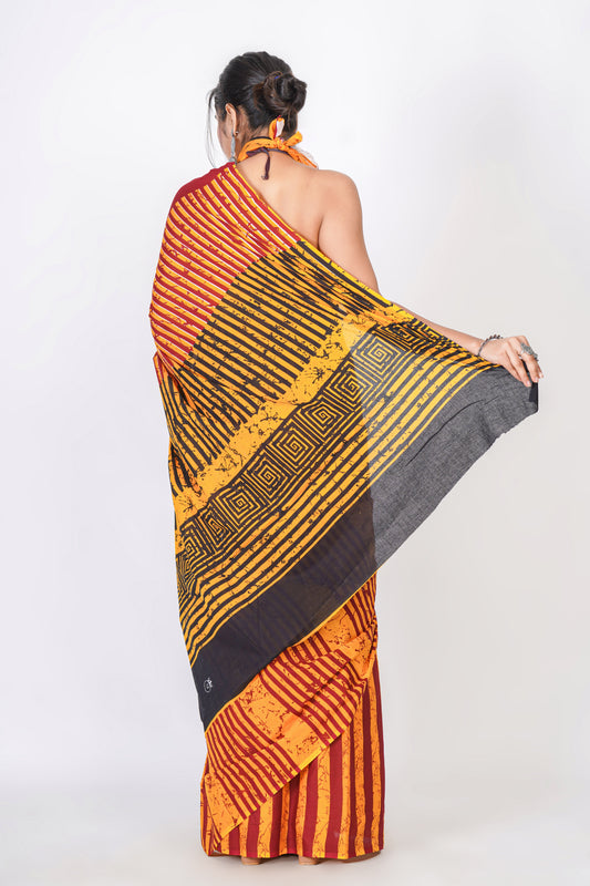 Bagru Print Mulmul Cotton Saree – Abstract Brush Print