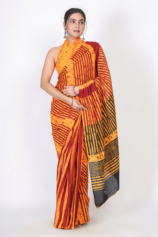 Bagru Print Mulmul Cotton Saree – Abstract Brush Print