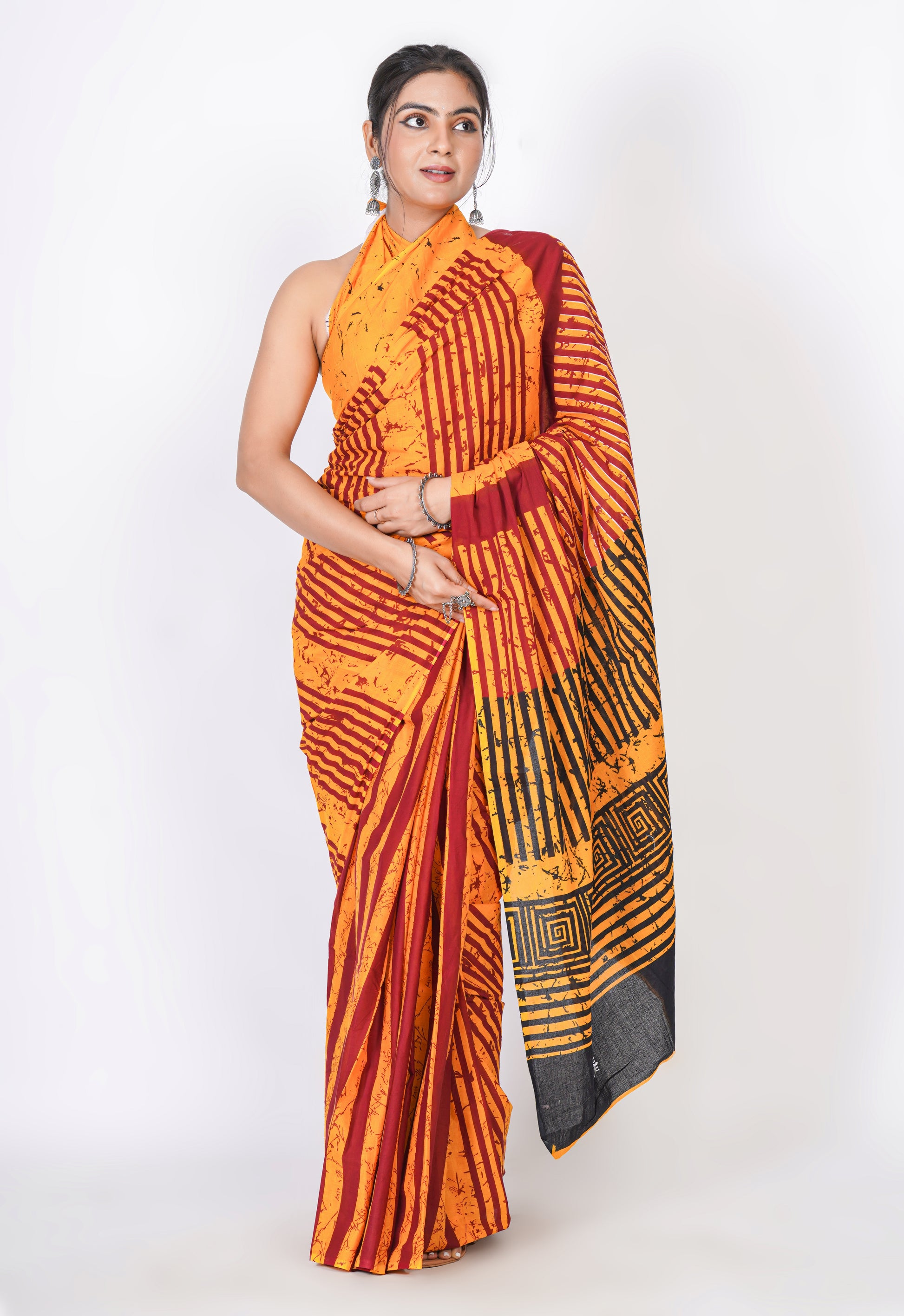 Bagru Print Mulmul Cotton Saree – Abstract Brush Print