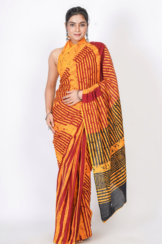 Bagru Print Mulmul Cotton Saree – Abstract Brush Print