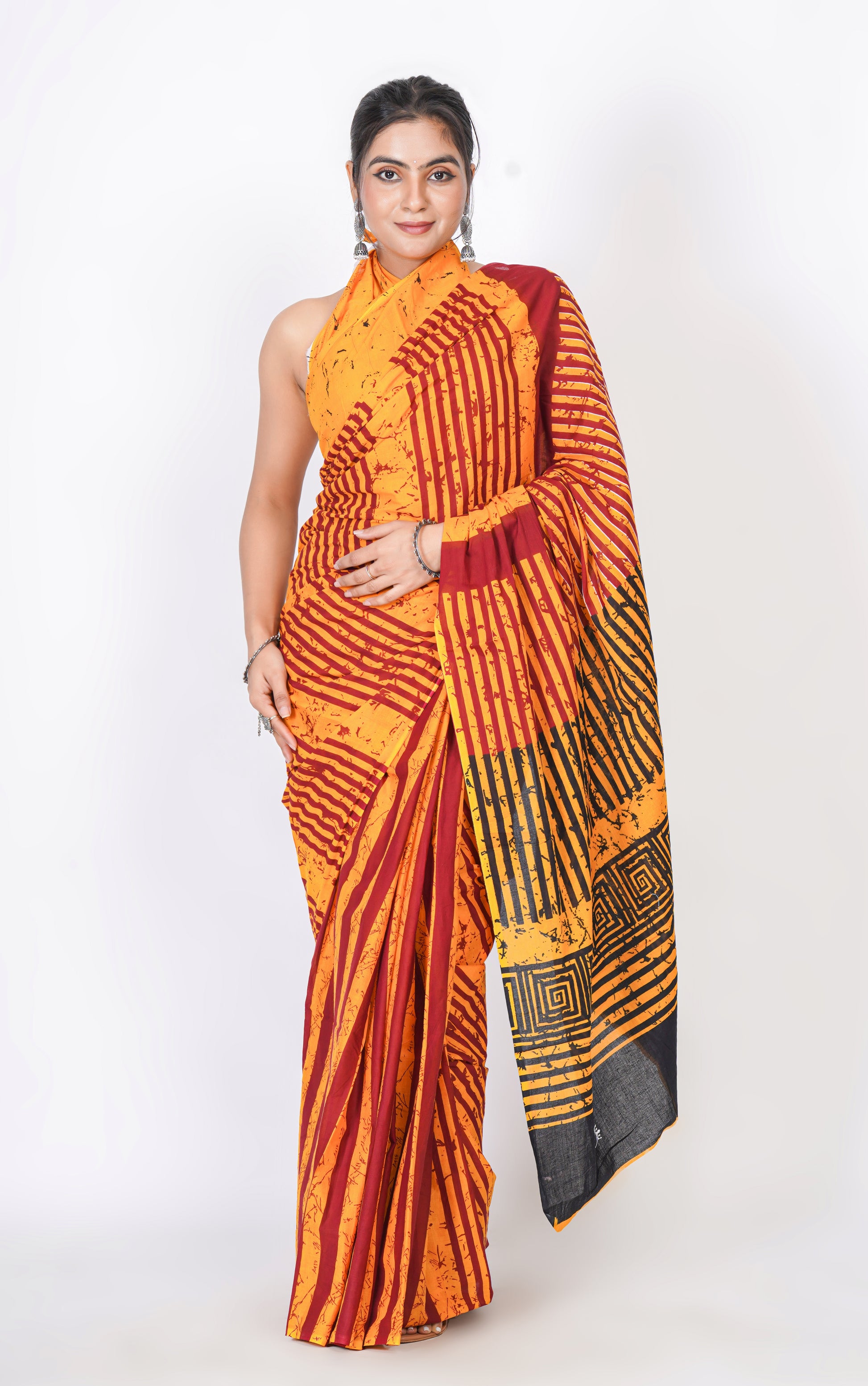 Bagru Print Mulmul Cotton Saree – Abstract Brush Print
