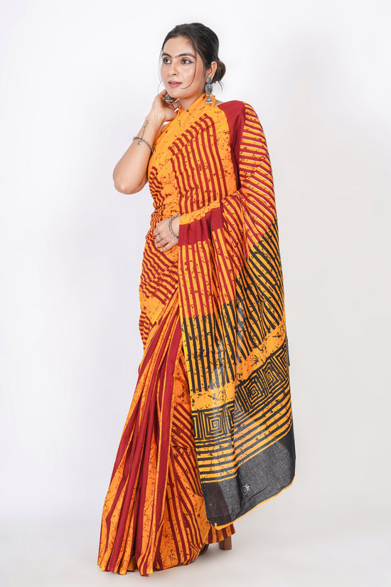 Bagru Print Mulmul Cotton Saree – Abstract Brush Print