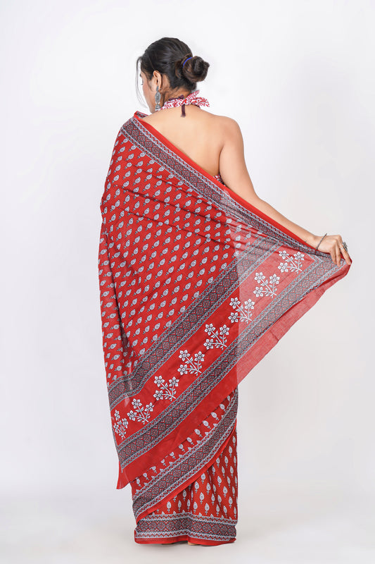 Bagru Print Mulmul Cotton Saree – Leaf Buti Print