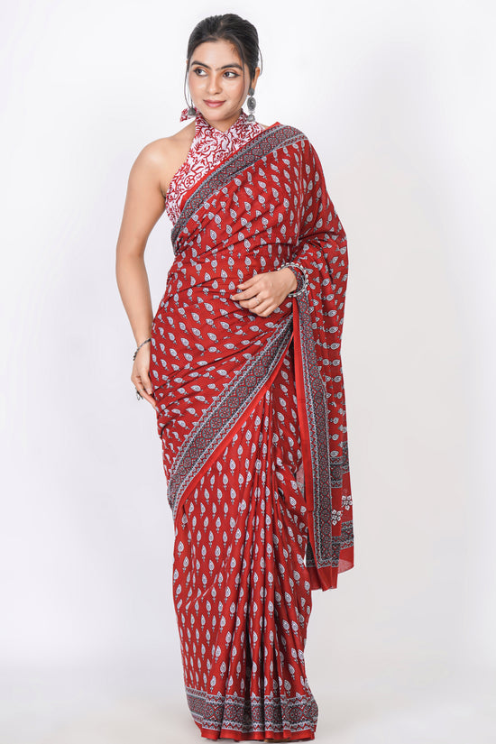 Bagru Print Mulmul Cotton Saree – Leaf Buti Print
