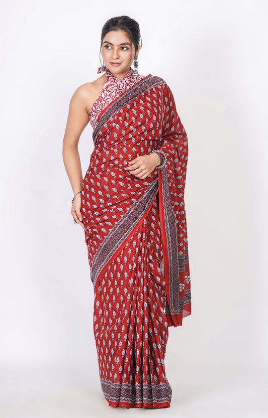 Bagru Print Mulmul Cotton Saree – Leaf Buti Print