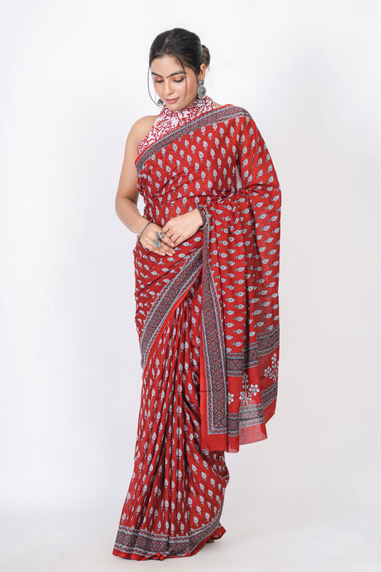 Bagru Print Mulmul Cotton Saree – Leaf Buti Print