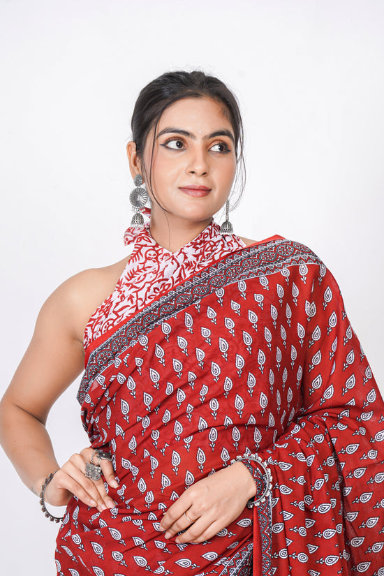 Bagru Print Mulmul Cotton Saree – Leaf Buti Print