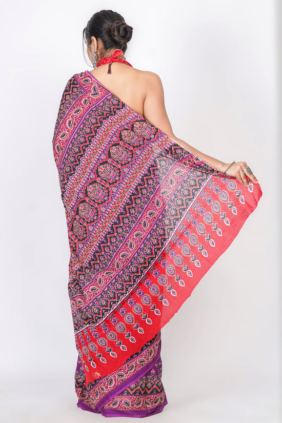 Bagru Print Mulmul Cotton Saree – Leaf Buti Print