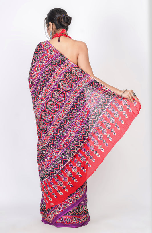 Bagru Print Mulmul Cotton Saree – Leaf Buti Print
