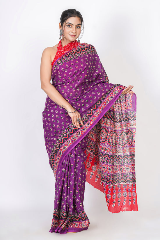 Bagru Print Mulmul Cotton Saree – Leaf Buti Print