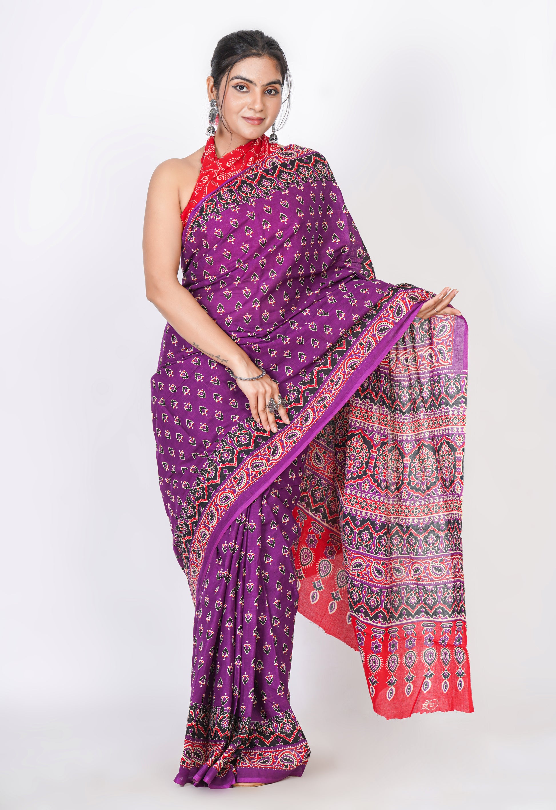 Bagru Print Mulmul Cotton Saree – Leaf Buti Print