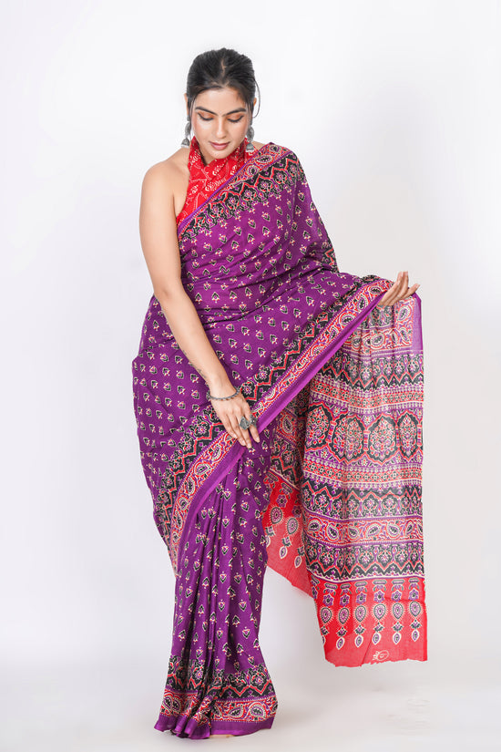 Bagru Print Mulmul Cotton Saree – Leaf Buti Print