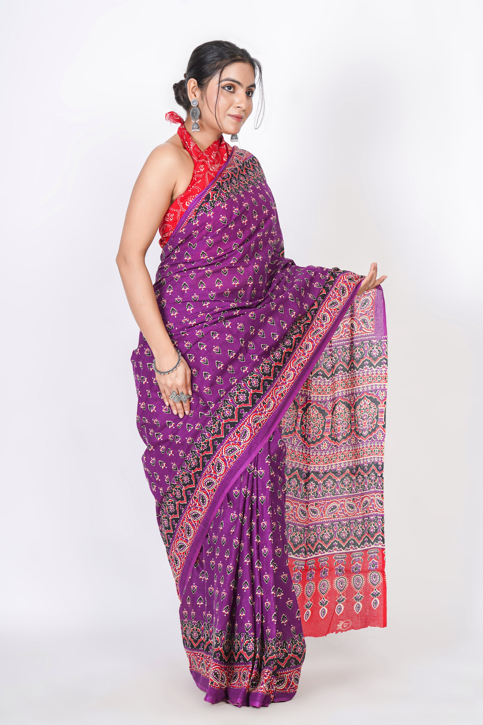 Bagru Print Mulmul Cotton Saree – Leaf Buti Print