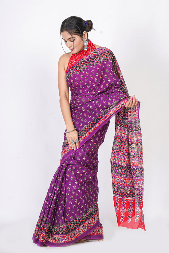 Bagru Print Mulmul Cotton Saree – Leaf Buti Print