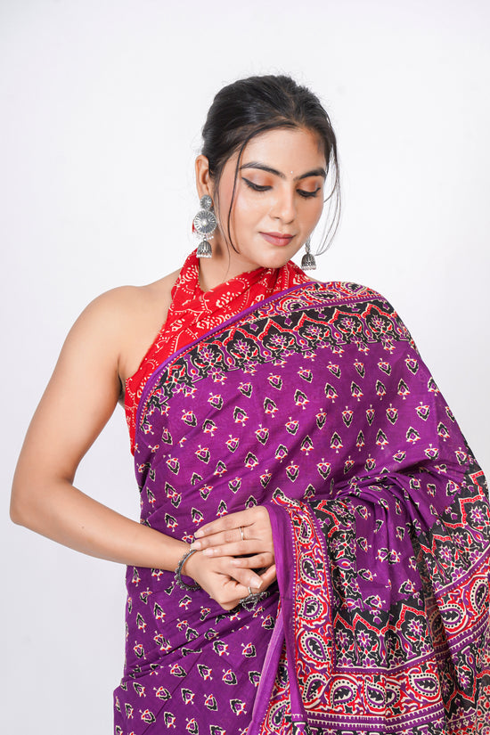 Bagru Print Mulmul Cotton Saree – Leaf Buti Print