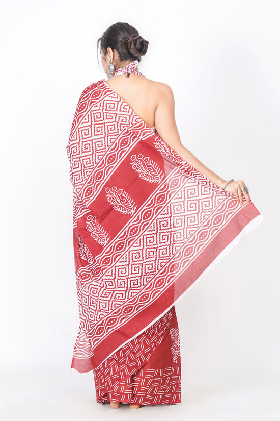 Bagru Print Mulmul Cotton Saree – Leaf Buti Print