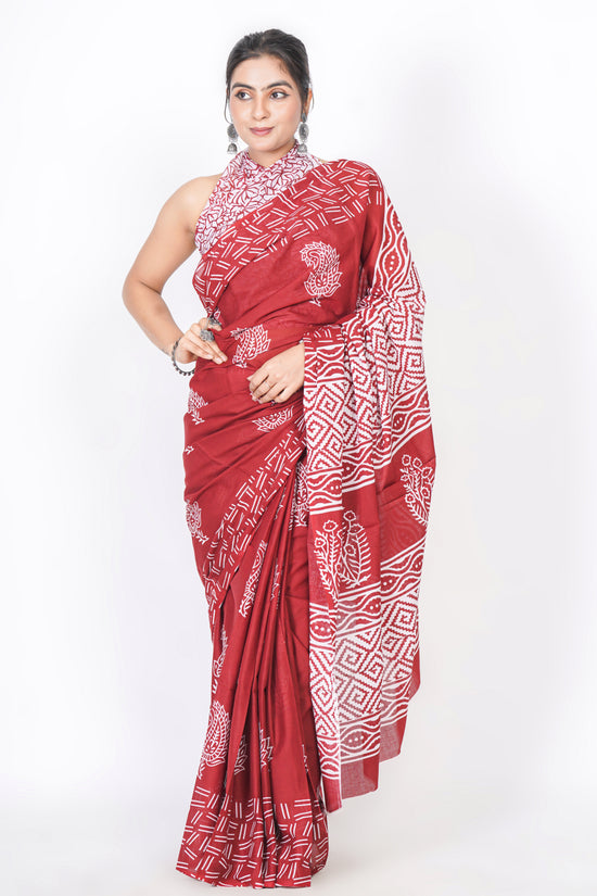 Bagru Print Mulmul Cotton Saree – Leaf Buti Print