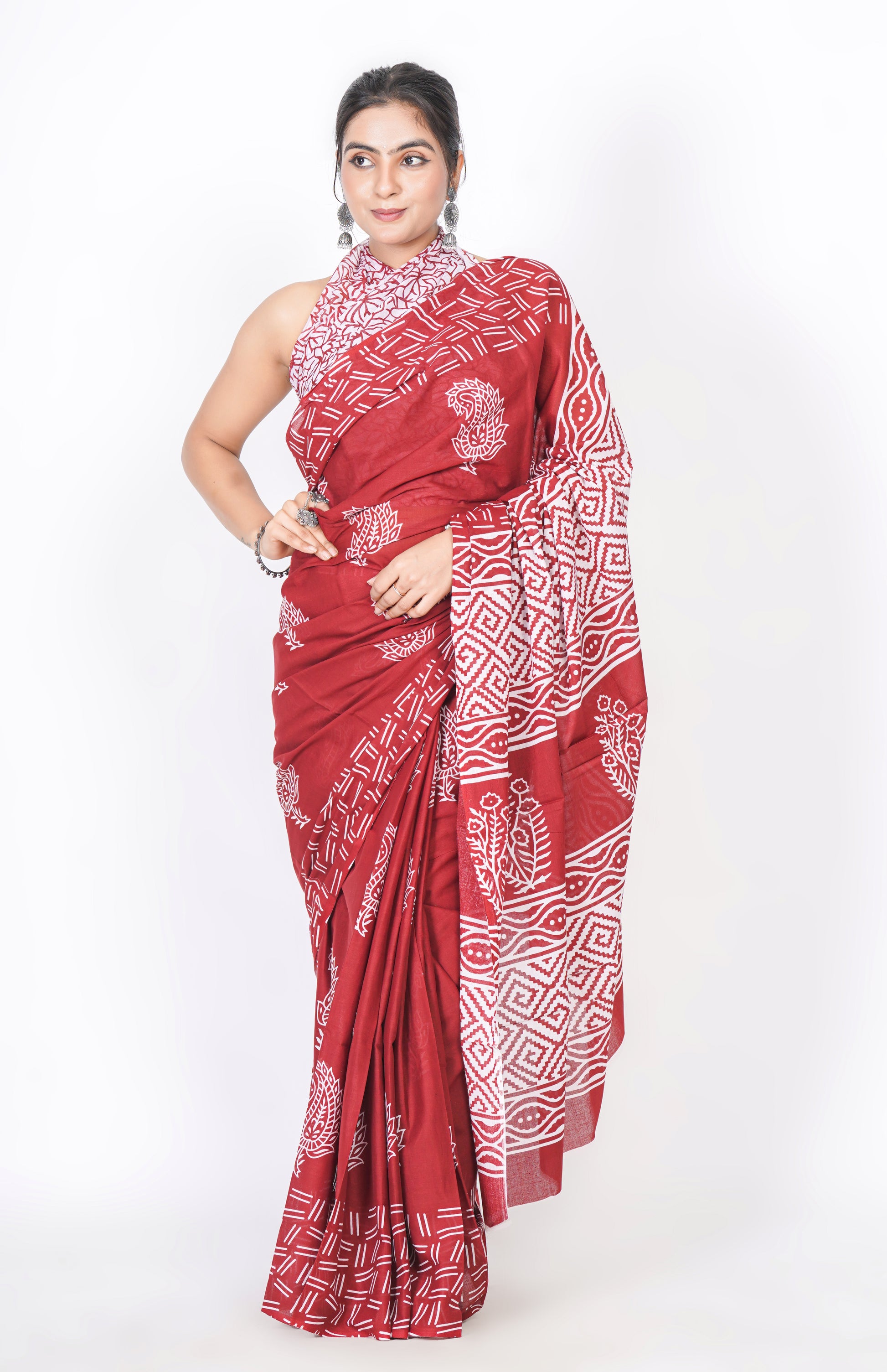 Bagru Print Mulmul Cotton Saree – Leaf Buti Print