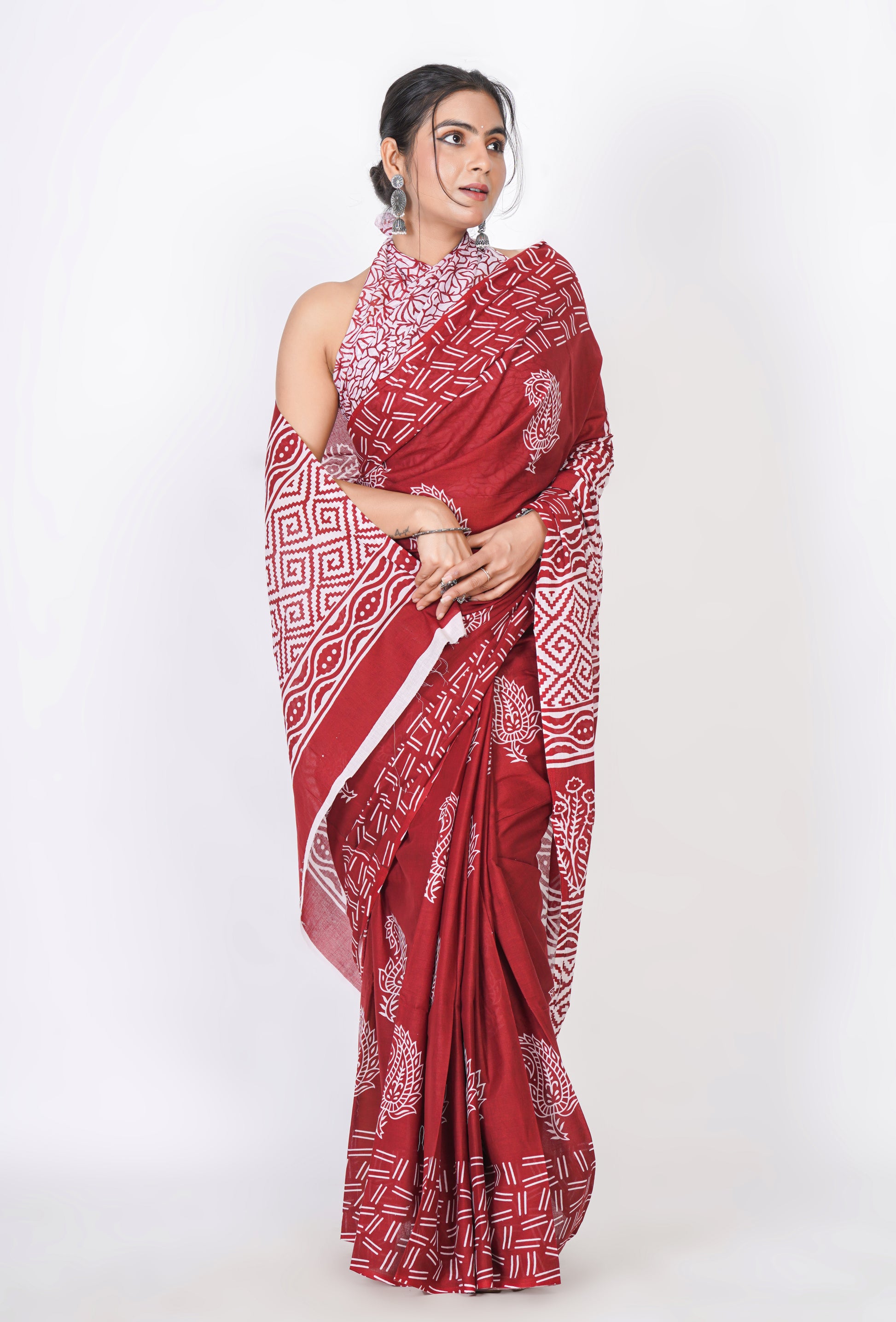 Bagru Print Mulmul Cotton Saree – Leaf Buti Print