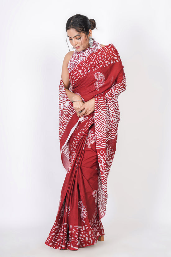 Bagru Print Mulmul Cotton Saree – Leaf Buti Print