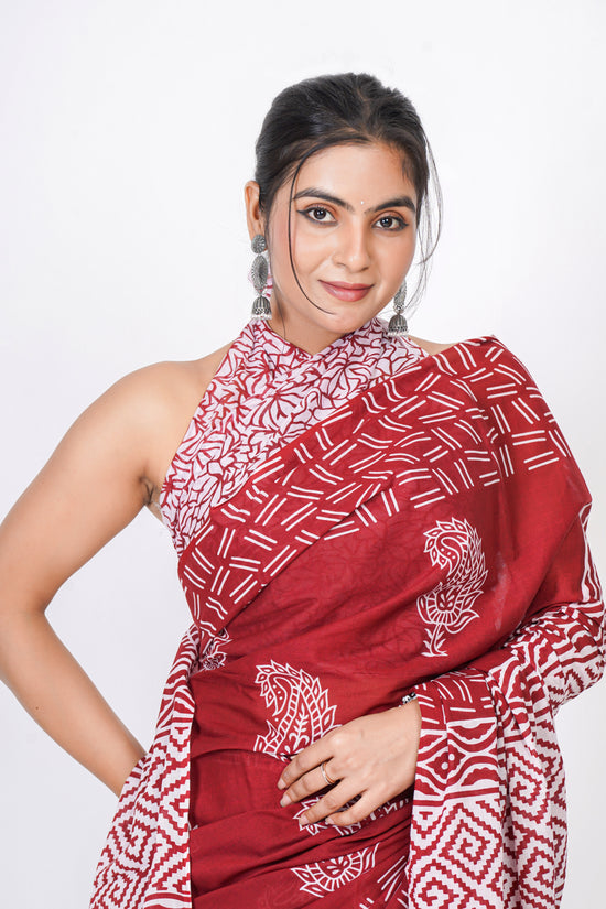 Bagru Print Mulmul Cotton Saree – Leaf Buti Print