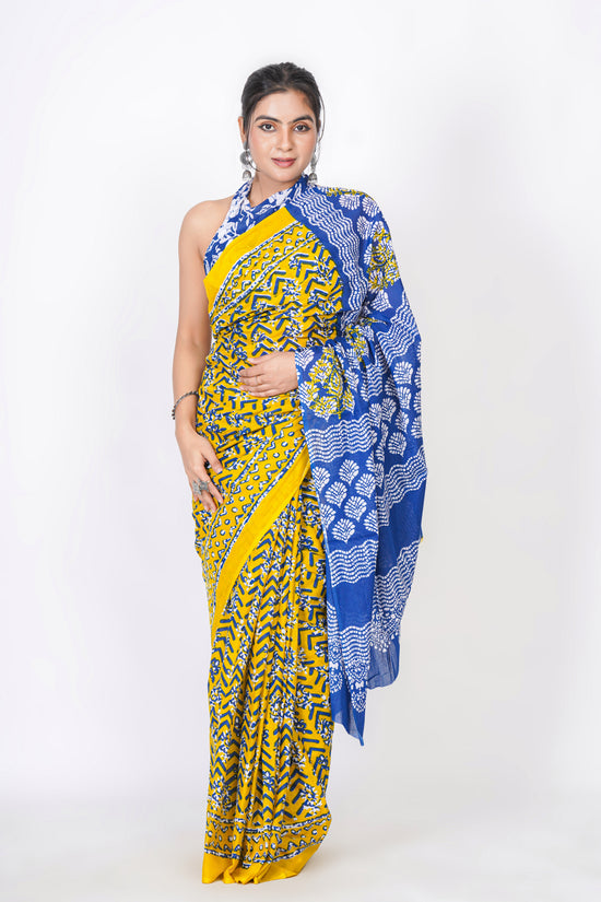 Bagru Print Mulmul Cotton Saree – Leaf Buti Print
