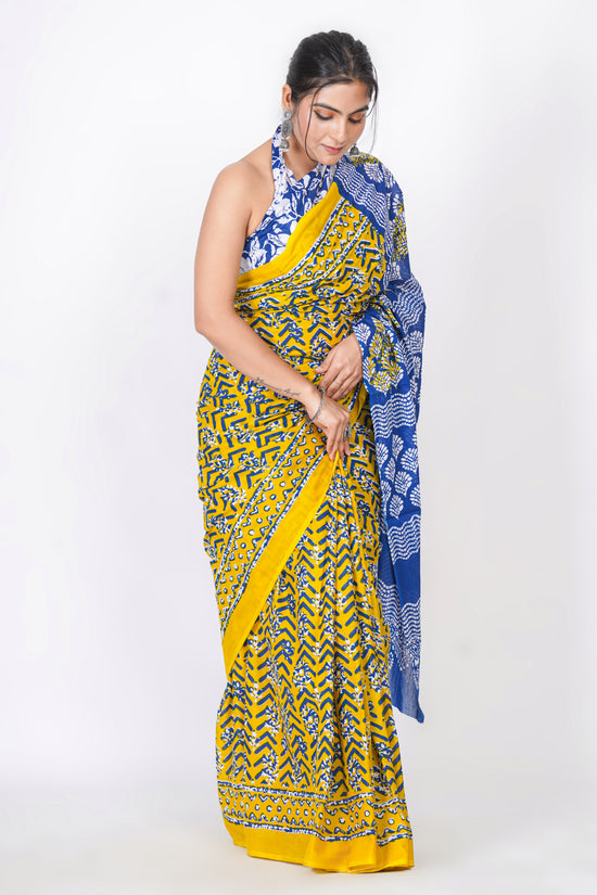 Bagru Print Mulmul Cotton Saree – Leaf Buti Print
